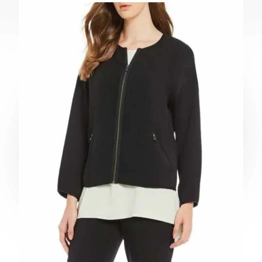 EILEEN FISHER Bomber Silk Zip Jacket M Crew Pockets Black Lightweight Boxy Boho